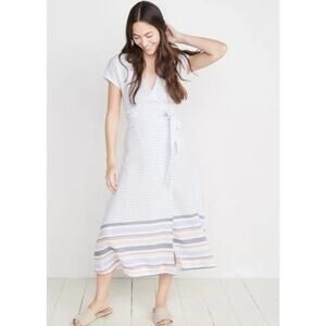 Marine Layer Maddie Wrap Dress Short Sleeve Bel Air Blue Multi Stripe Medium